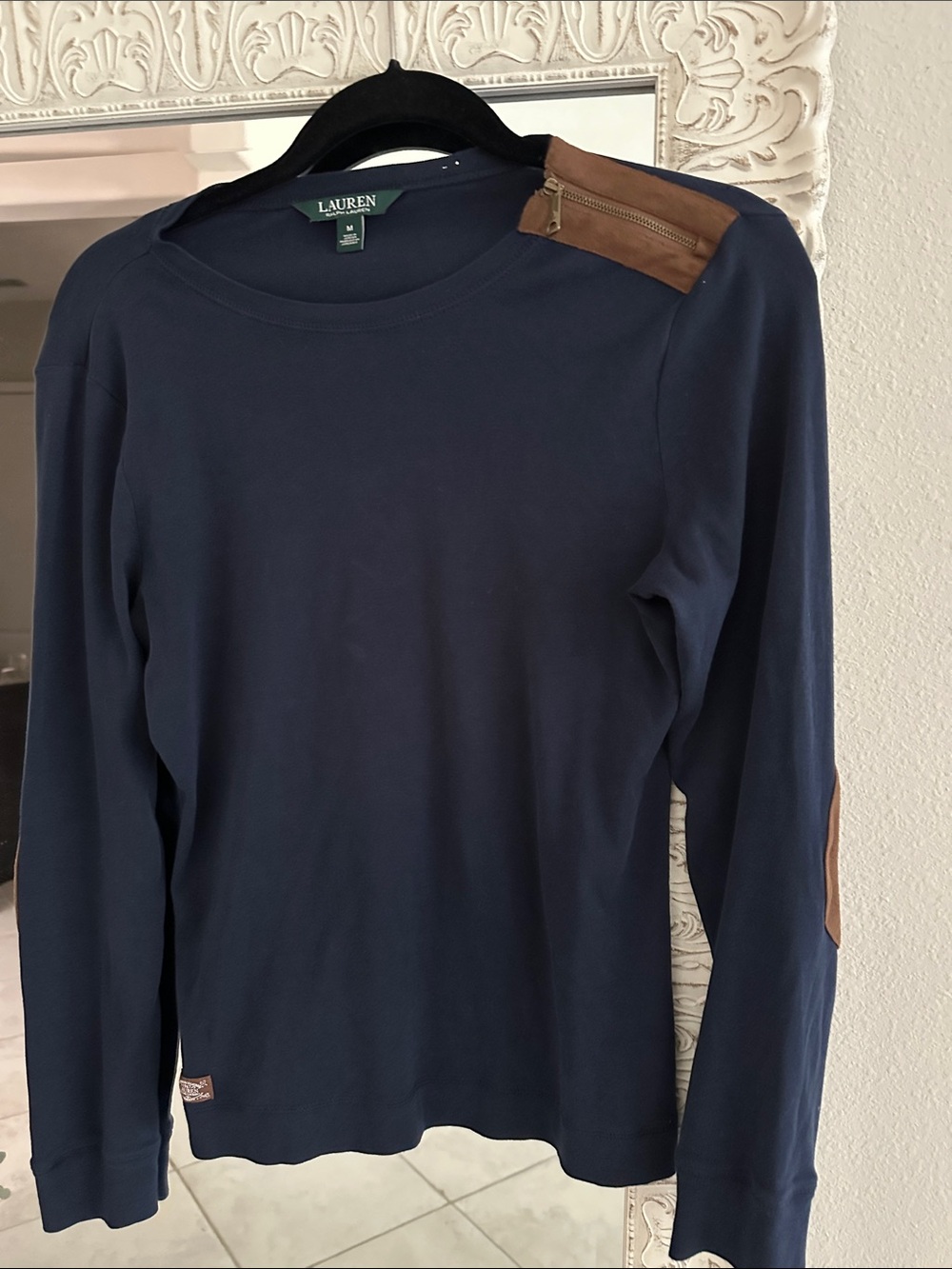 Lauren Ralph Lauren Navy Long-Sleeve Top with Brown Leather Trim